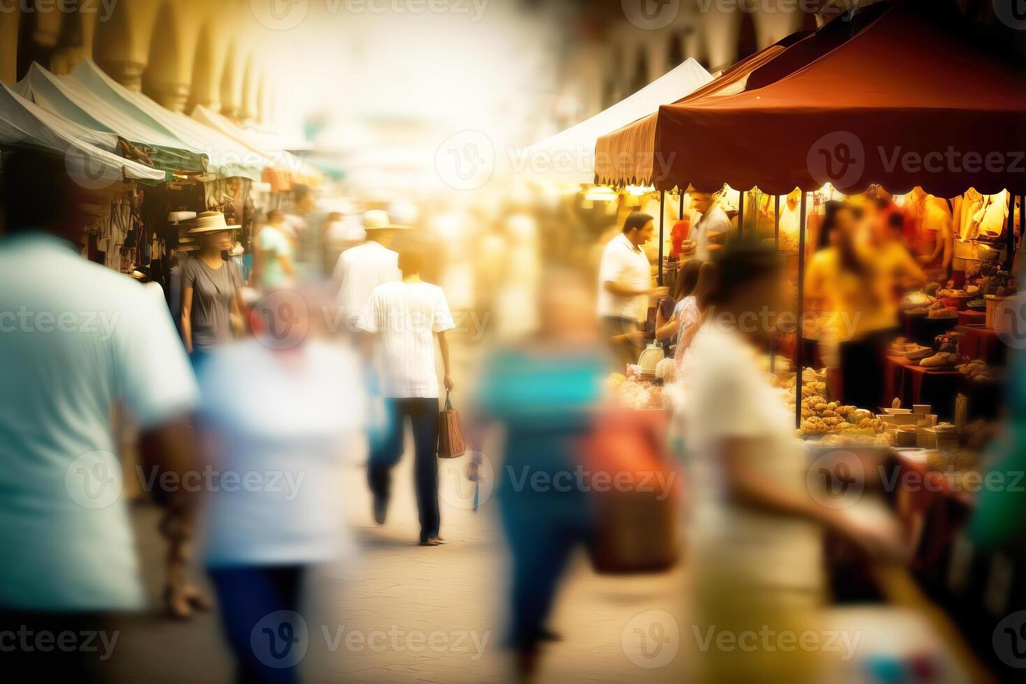 lotado rua Comida mercado borrado fundo. ocupado rua compras. generativo ai ilustração foto