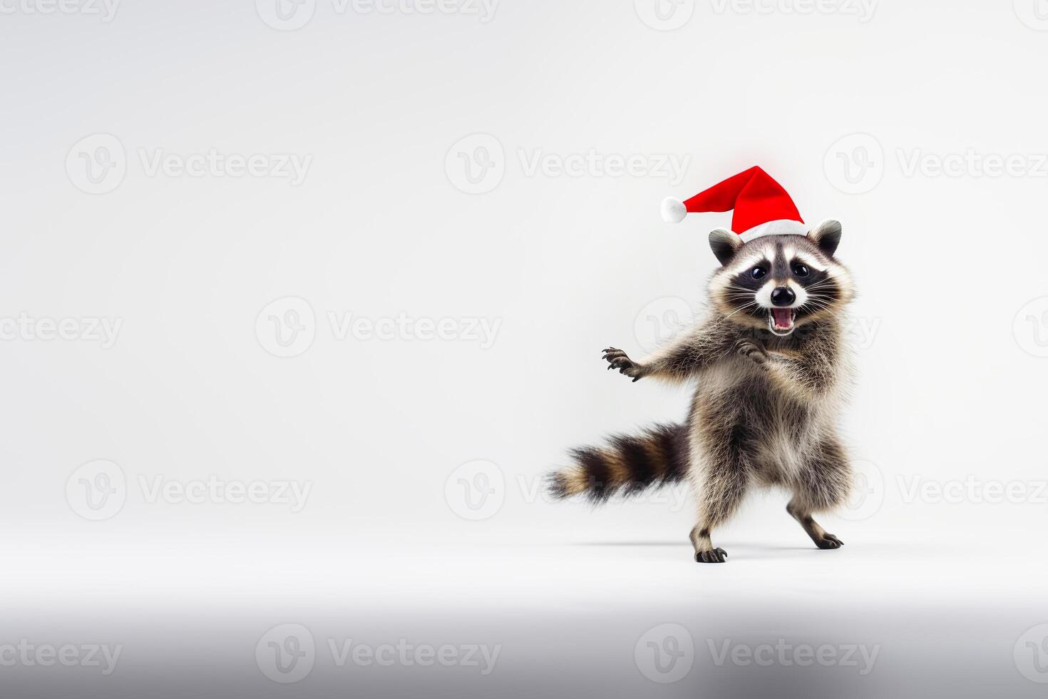 fofa guaxinim dentro santa chapéu danças em branco fundo. alegre Natal conceito. generativo ai foto