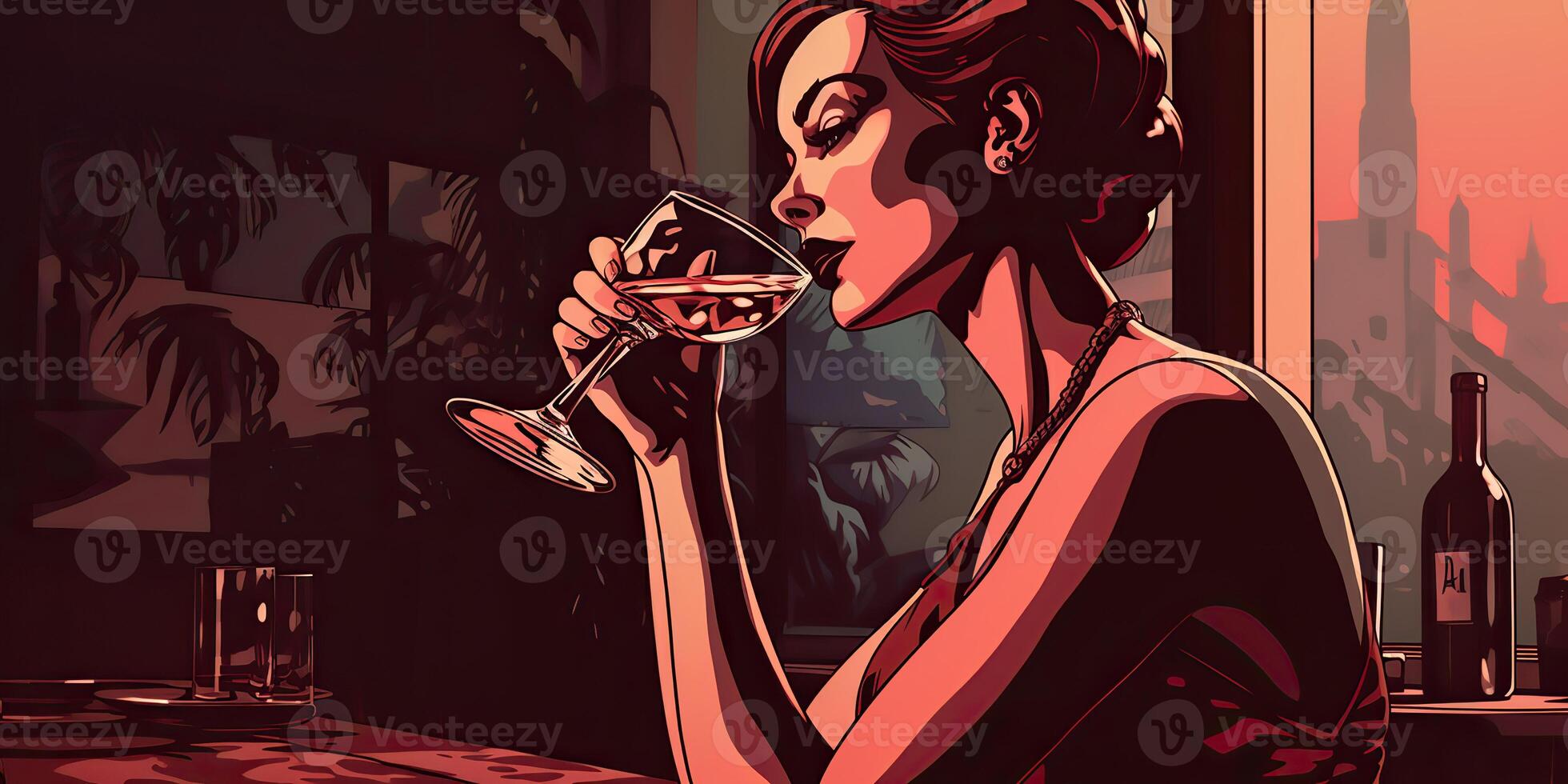 ai gerado. ai generativo. retro vintage bonita mulher com vermelho vinho vidro às noite festa bar. romântico noir filme vibe. gráfico arte ilustração. foto