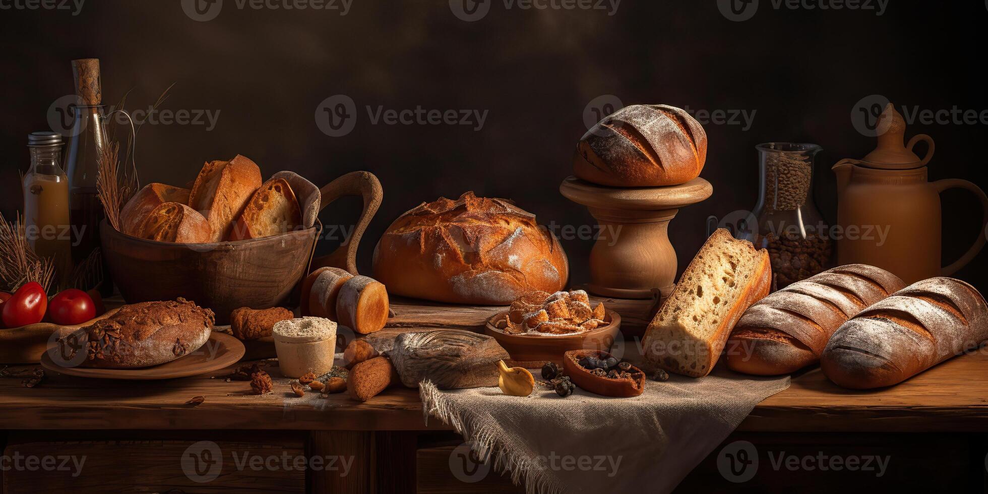 ai gerado. ai generativo. uma muitos do diferente fresco cozido pão produtos e desertos. padaria caloroso vibe. gráfico arte foto