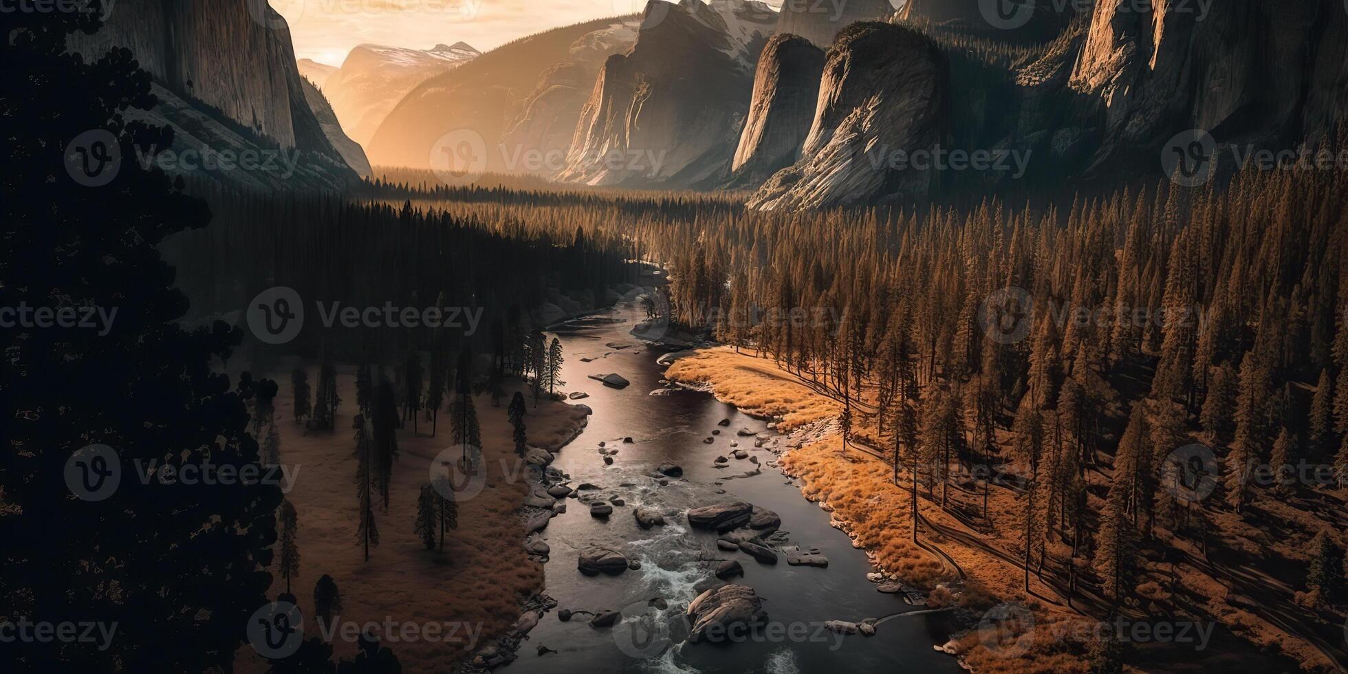 ai gerado. ai generativo. foto realista ilustração do EUA americano yosemite nacional parque dentro a tarde manhã. aventura explorar vibe. gráfico arte