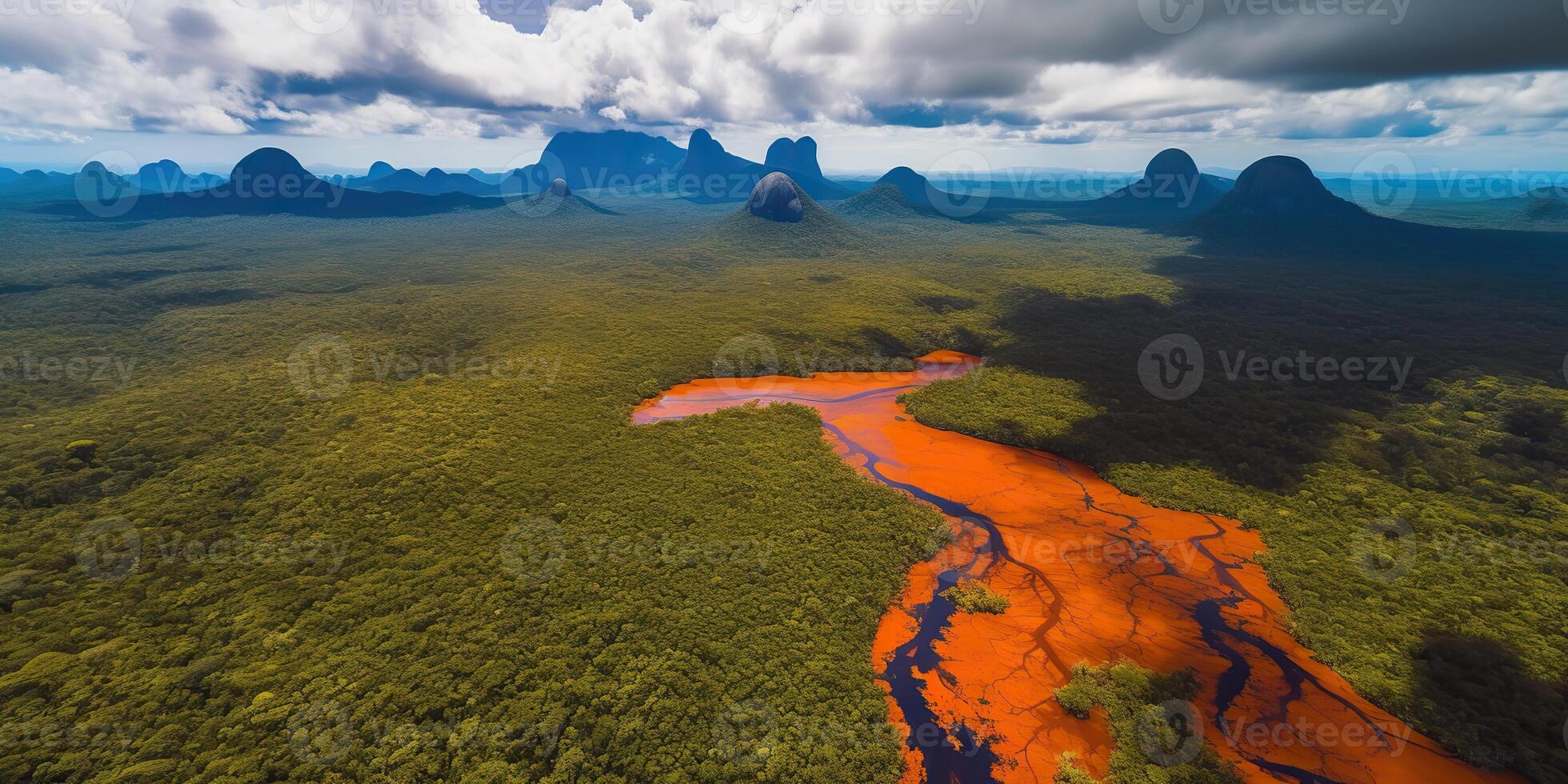 ai gerado. ai generativo. foto realista ilustração do topo Visão dron Amazonas rio dentro a chuva temporada. aventura tropical explorar vibe. gráfico arte