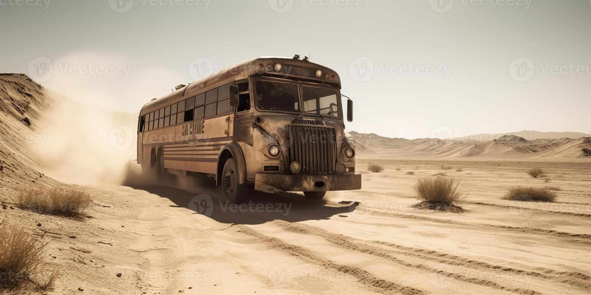 ai gerado. ai generativo. foto realista ilustração do ônibus equitação dentro a desrt em a estrada. louco max filme inspirado. gráfico arte