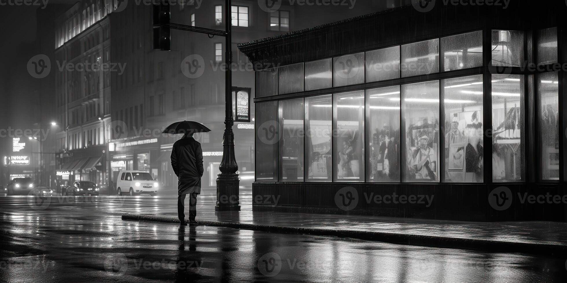 ai gerado. ai generativo. monocromático Preto e branco cidade urbano foto realista ilustração com solitário pessoa. noir drama solitário vibe. gráfico arte