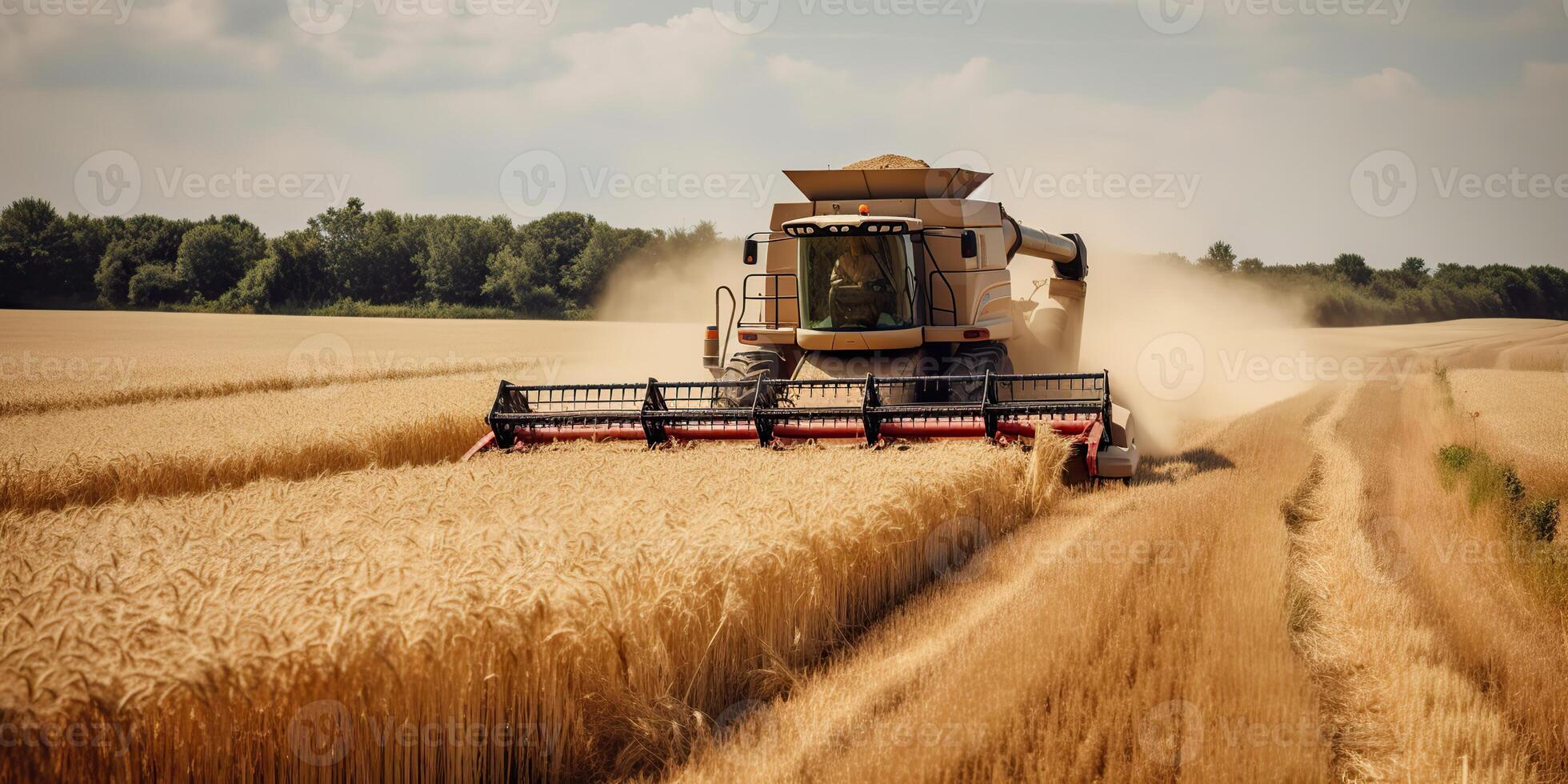 ai gerado. ai generativo. colheitadeira combinar trator às pôr do sol campo do trigo grão plantar. agricultor ao ar livre inspirado vibe. gráfico arte foto