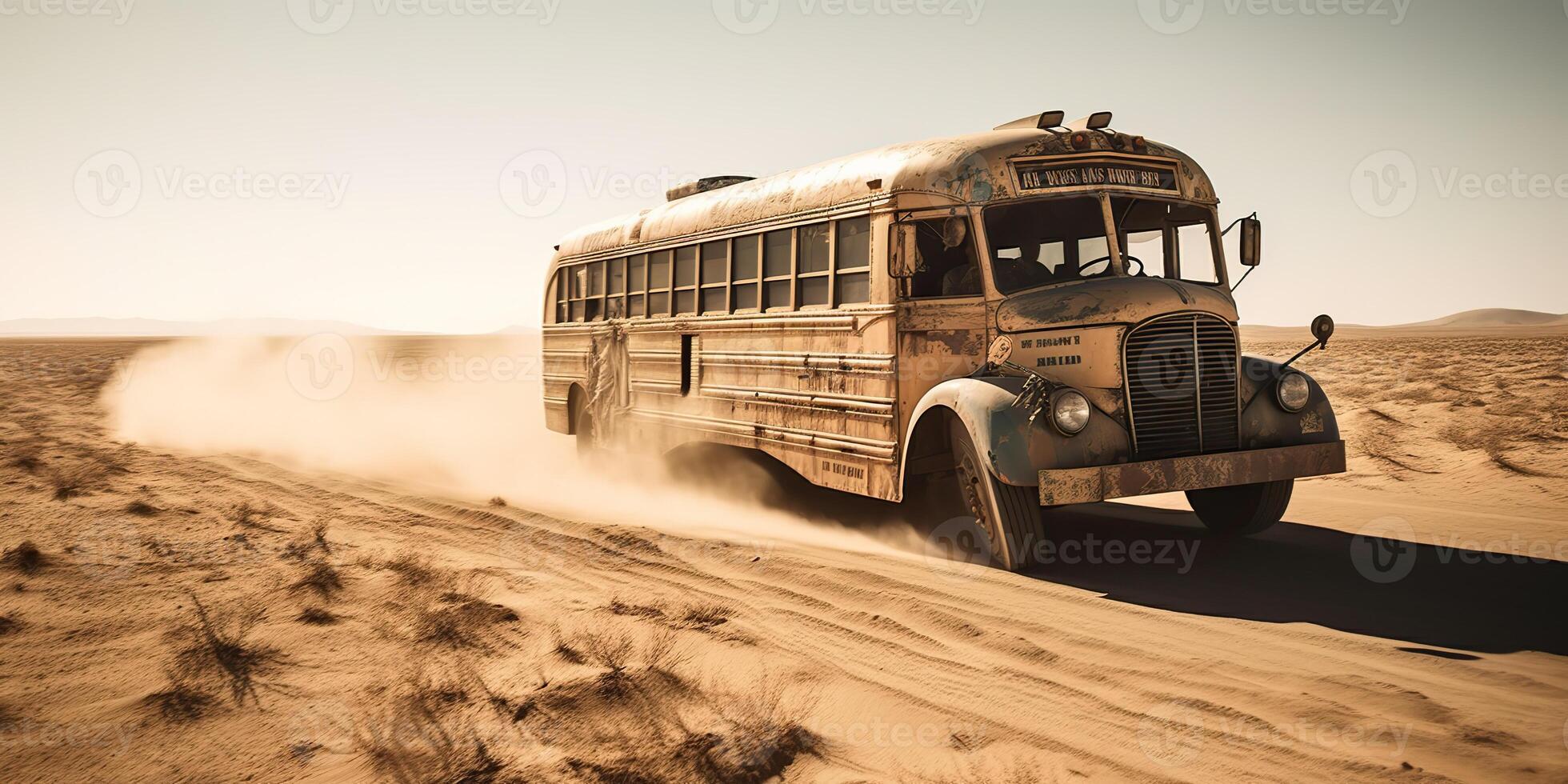 ai gerado. ai generativo. foto realista ilustração do ônibus equitação dentro a desrt em a estrada. louco max filme inspirado. gráfico arte