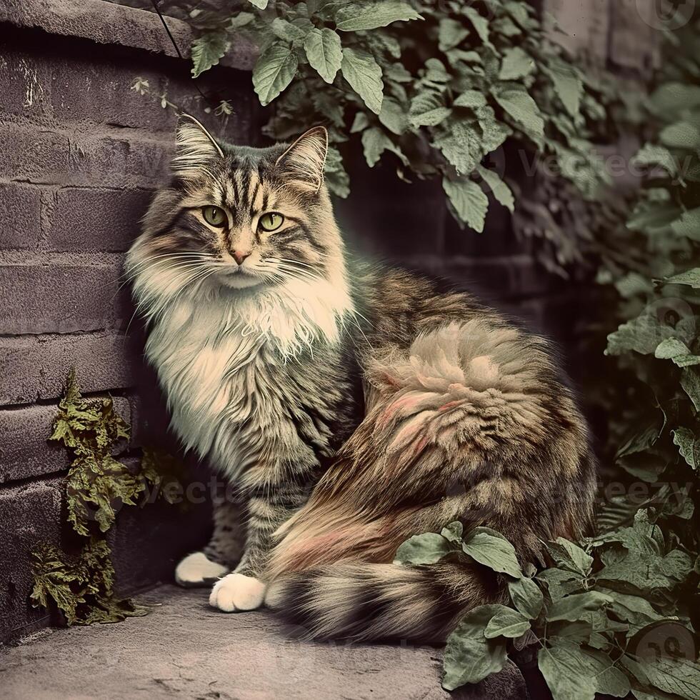 ai gerado. ai generativo. Década de 1910 vintage retro colori foto realista fotografia ilustração. caneta animal gatinha gato relaxar vibe. gráfico arte