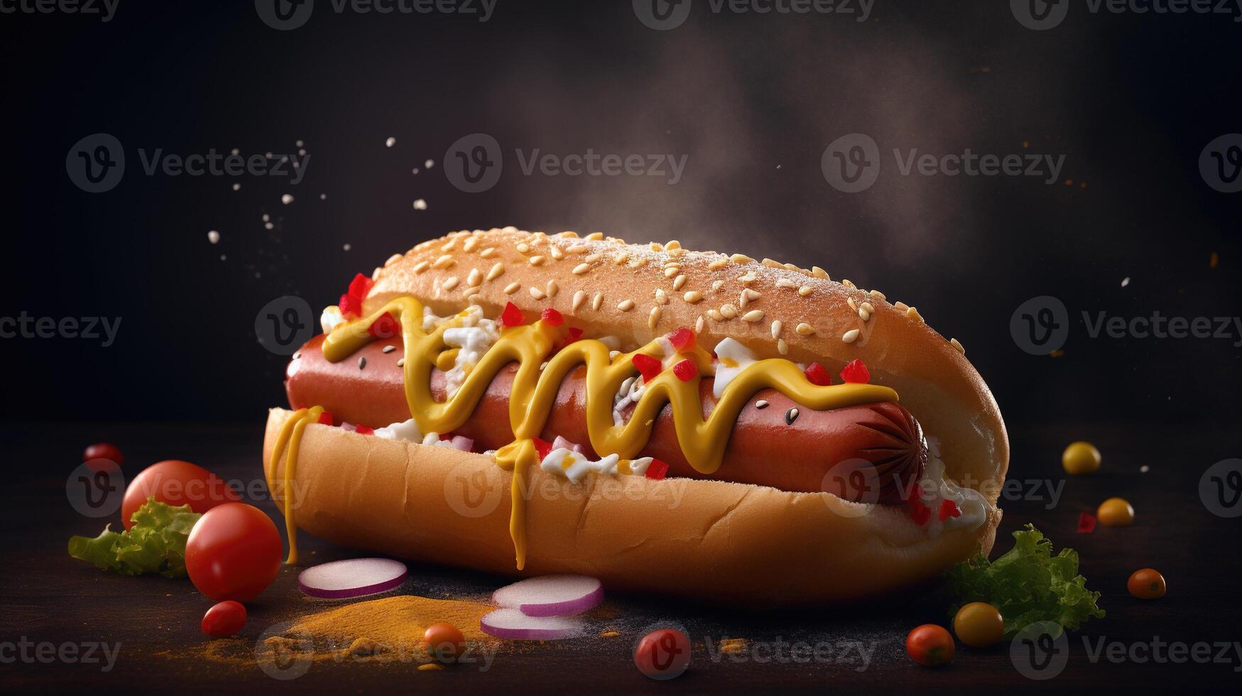 suculento cachorro quente com especiarias, coberturas, ketchup, maionese, e fresco salada. colorida e apetitoso contra Sombrio fundo. ai gerado foto