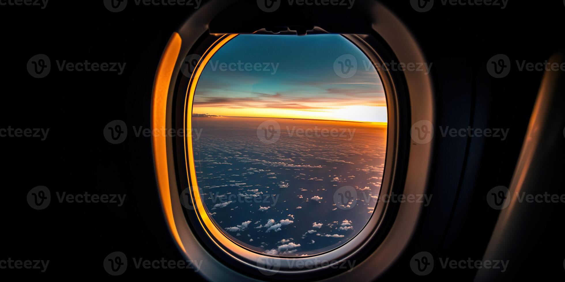 ai gerado. ai generativo. foto realista ilustração do nuvens acima céu acima dentro a ar Visão através a ar avião aeronave janela. aventura viagem período de férias vibe. gráfico arte