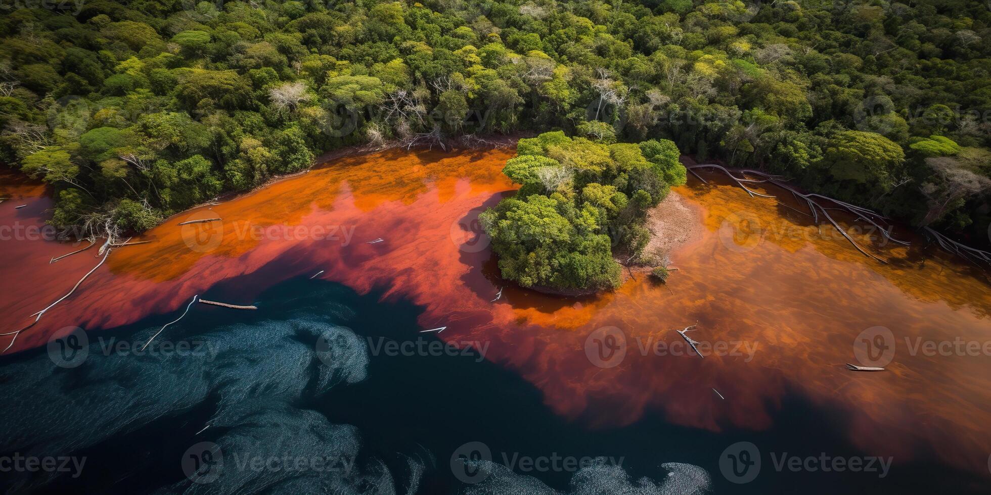 ai gerado. ai generativo. foto realista ilustração do topo Visão dron Amazonas rio dentro a chuva temporada. aventura tropical explorar vibe. gráfico arte