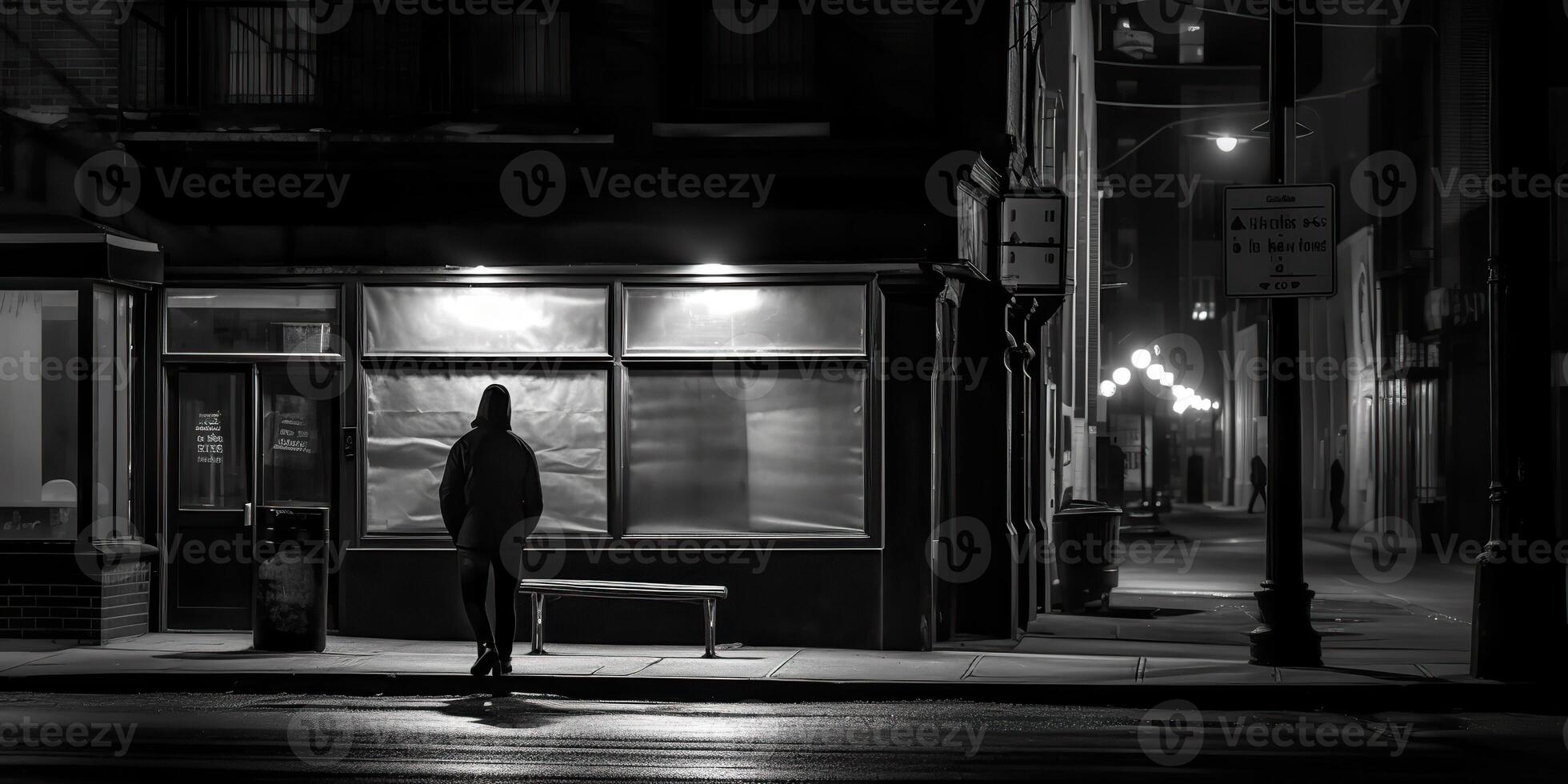 ai gerado. ai generativo. monocromático Preto e branco cidade urbano foto realista ilustração com solitário pessoa. noir drama solitário vibe. gráfico arte