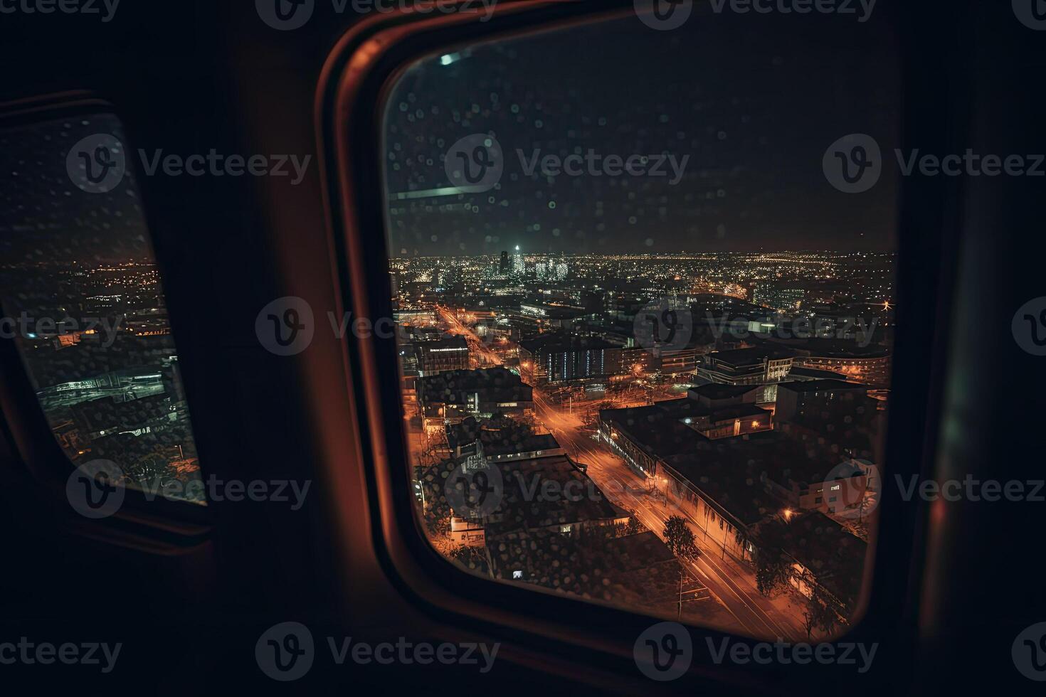 Visão do a noite cidade a partir de a avião janela. noite paisagem urbana. viagem e turismo. generativo ai foto