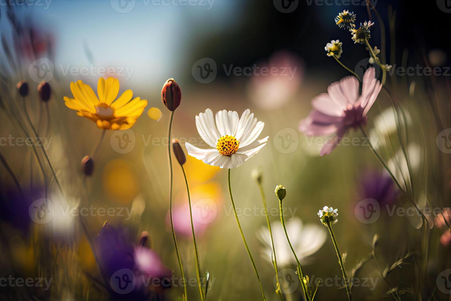 flor Prado debaixo uma verão céu dentro cor campo. generativo ai ilustração foto