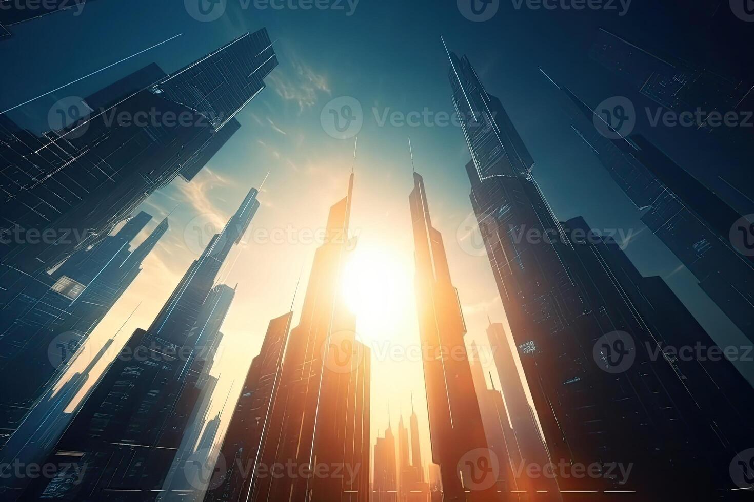 moderno futurista brilhando cidade com alta arranha-céus e moderno tecnologia. generativo ai foto