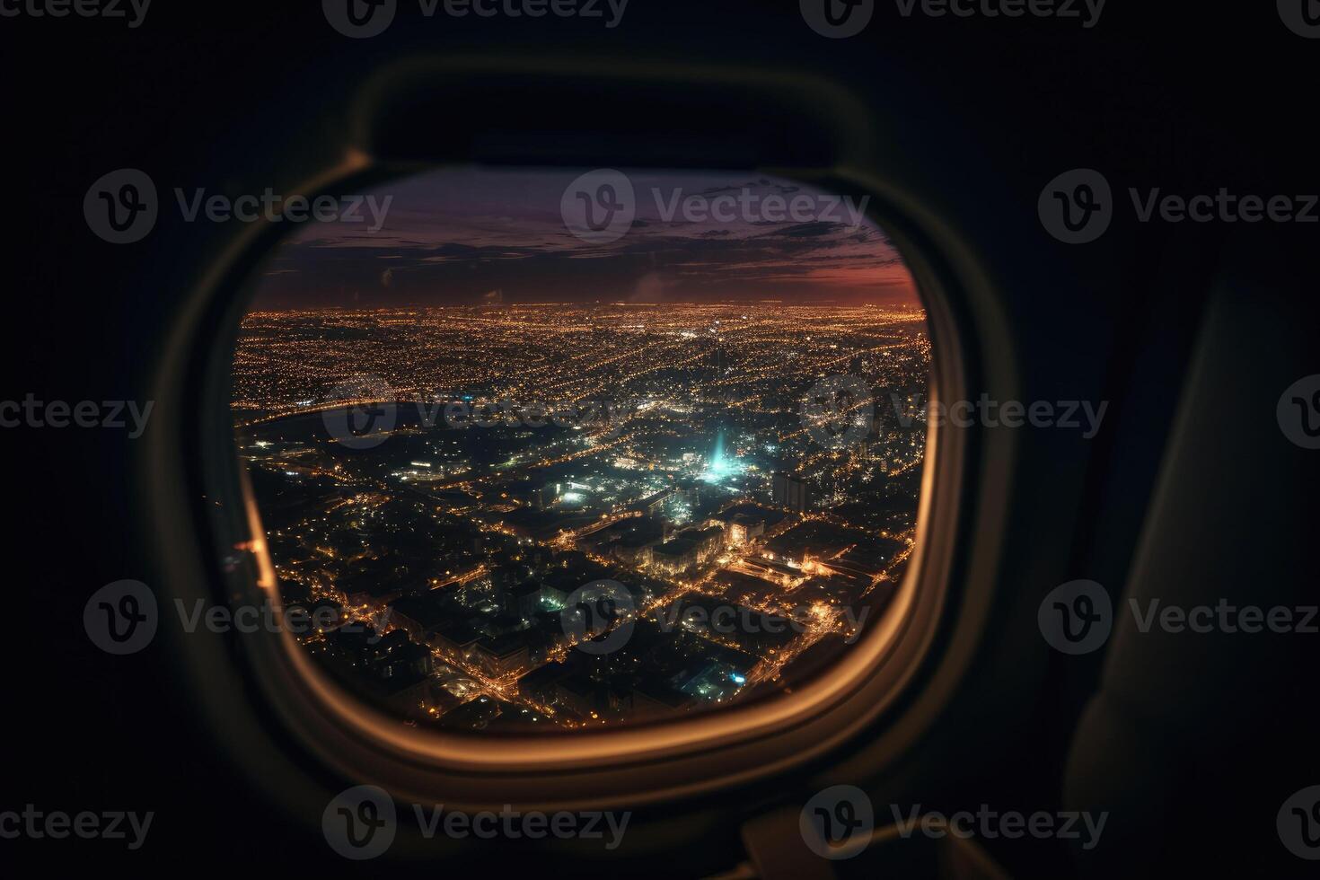 Visão do a noite cidade a partir de a avião janela. noite paisagem urbana. viagem e turismo conceito. generativo ai foto