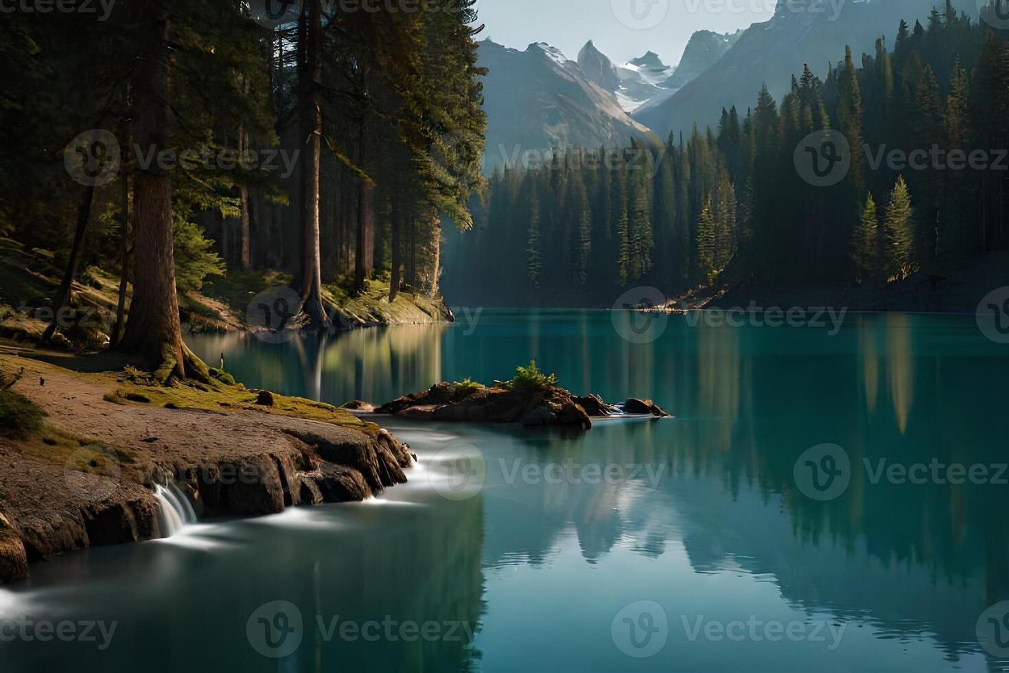 lindo lago debaixo a montanhas ai gerado foto