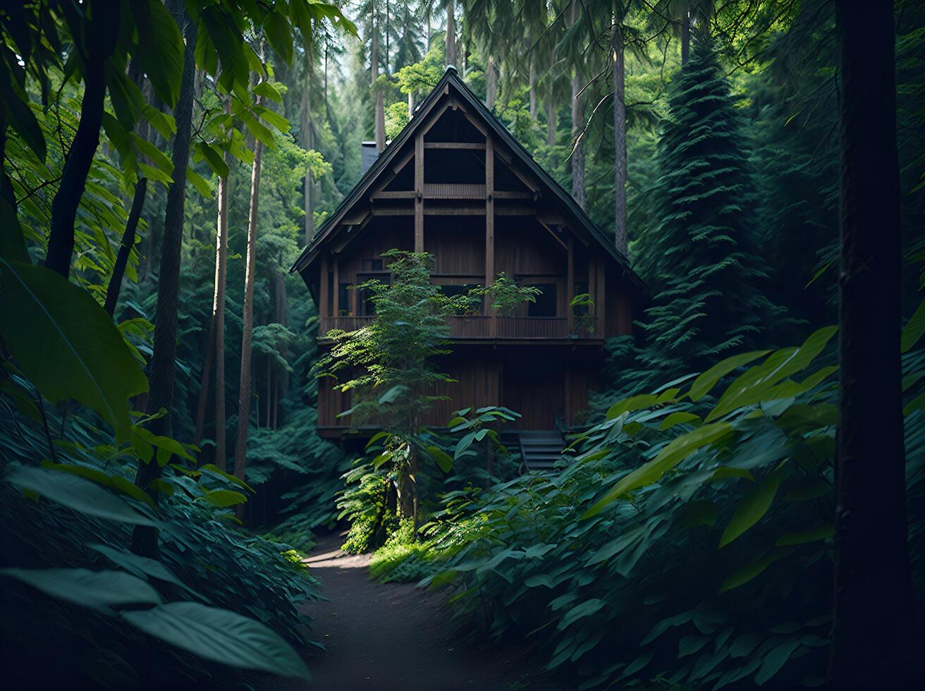 uma casa dentro uma Sombrio floresta com a luzes em ai gerado foto