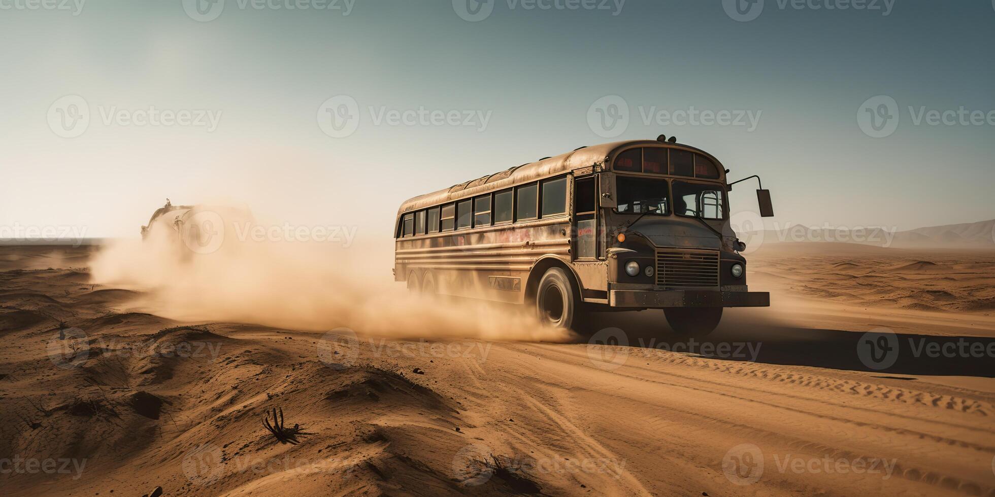 ai gerado. ai generativo. foto realista ilustração do ônibus equitação dentro a desrt em a estrada. louco max filme inspirado. gráfico arte