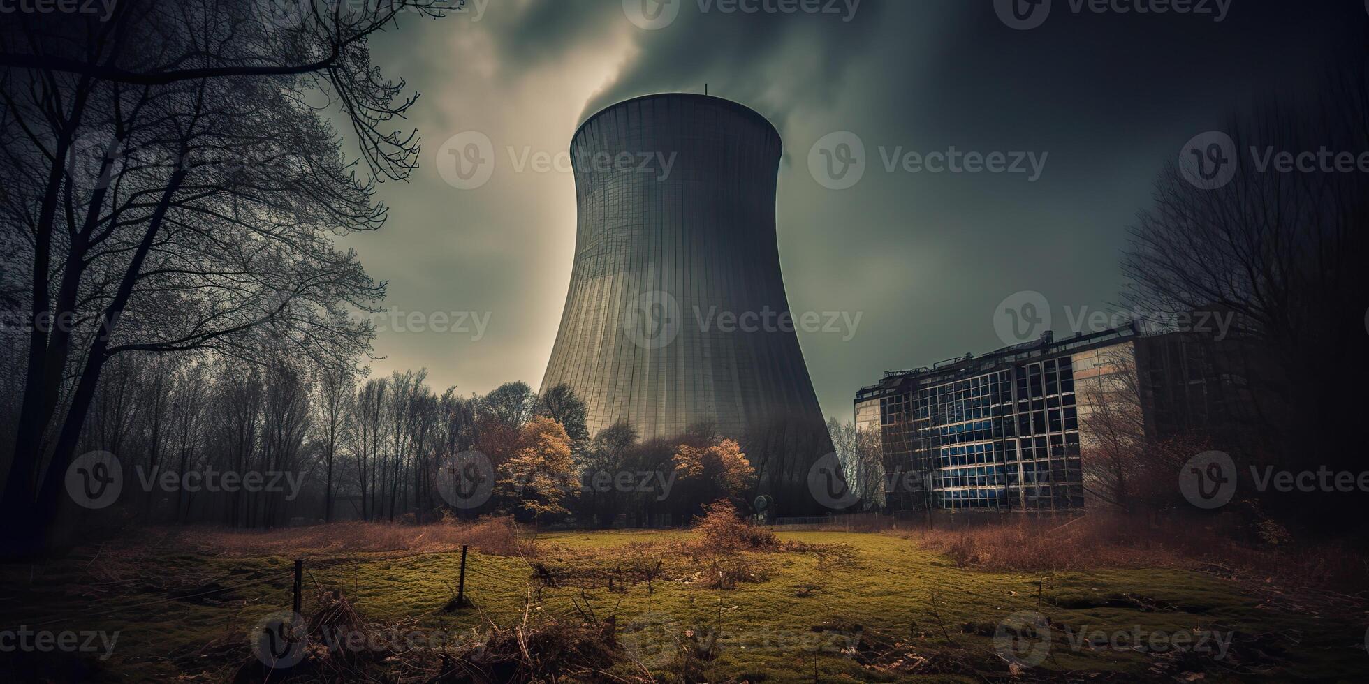 ai generativo, ai gerado. nuclear atômico poder plantar elétrico stration. Sombrio humor ecologia Perigo vibe. gráfico arte foto