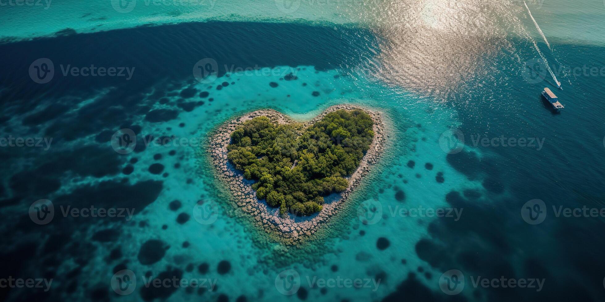 ai gerado. ai generativo. aéreo zangão foto realista ilustração do ilha Maldivas dentro coração forma. paraíso aventura período de férias tropical vibe. gráfico arte