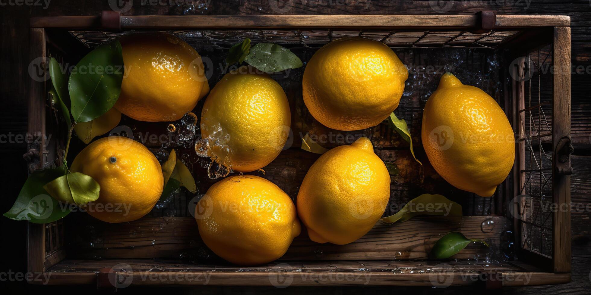 ai gerado. ai generativo. foto realista ilustração do amarelo eco organi limões limas dentro madeira rústico vintage caixa. topo Visão vibe. gráfico arte