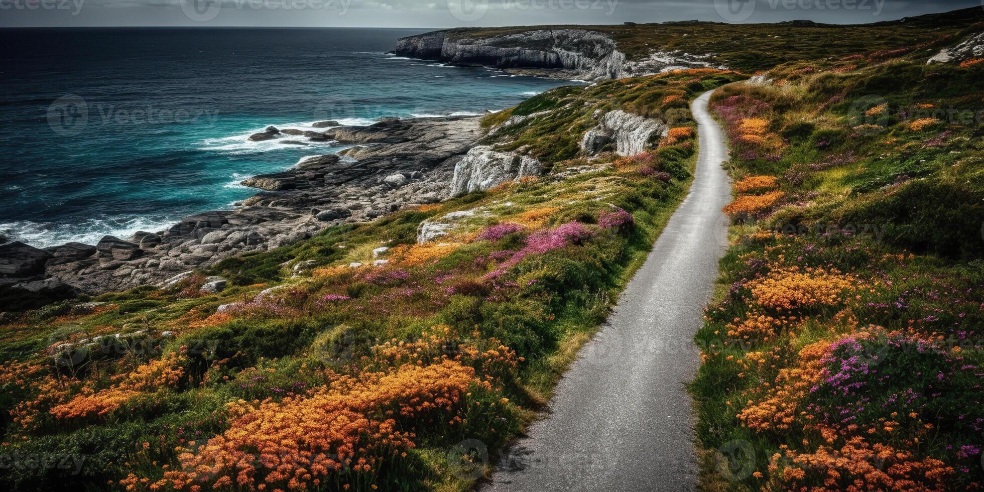 ai gerado. ai generativo. foto realista fotografia ilustração do litoral irlandês estrada viagem. montanhas explorar aventura viagem vibe. gráfico arte