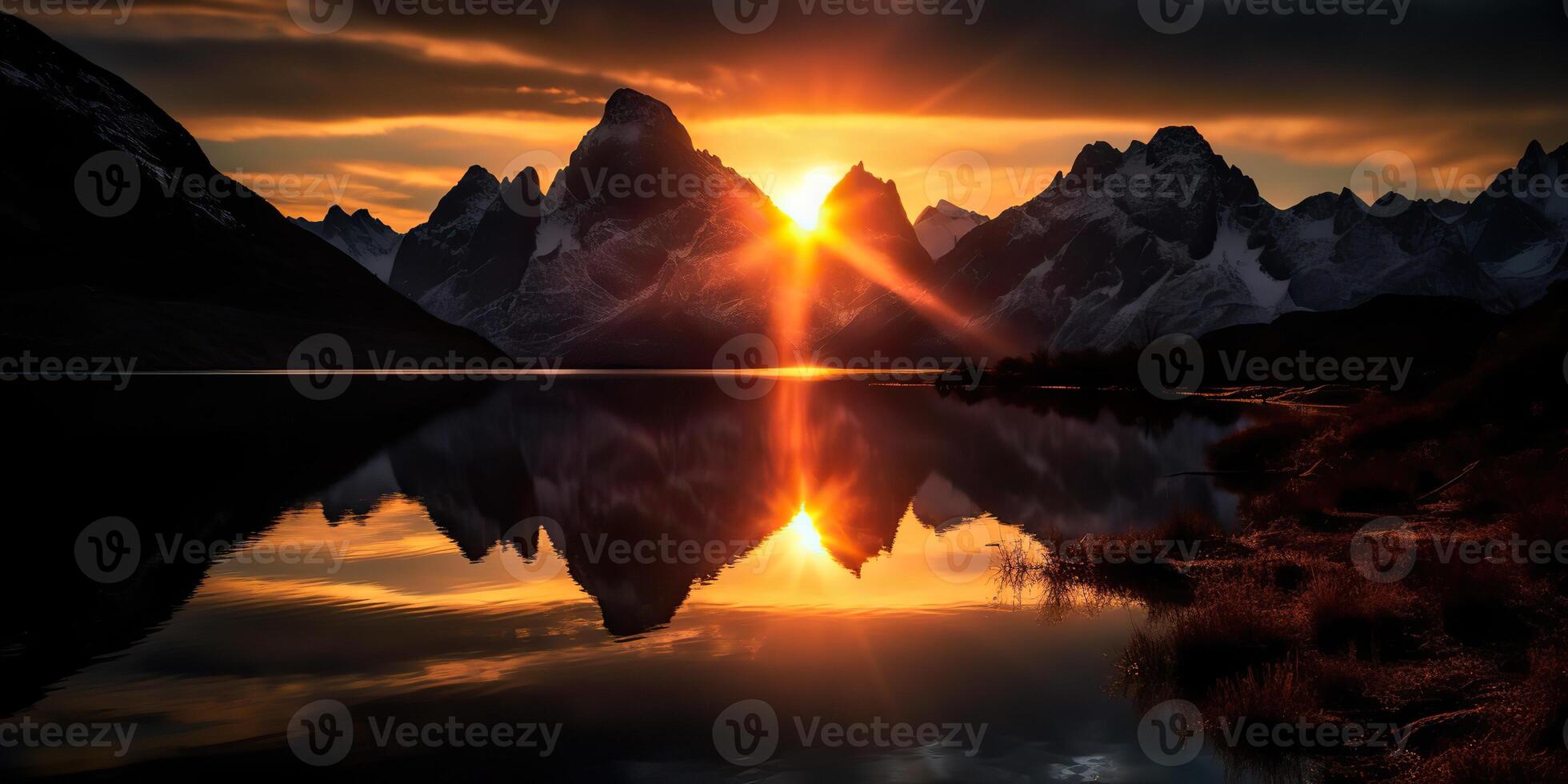 ai gerado. ai generativo. lindo ilustração foto ou montanha lago pôr do sol. aventura calma vibe. gráfico arte