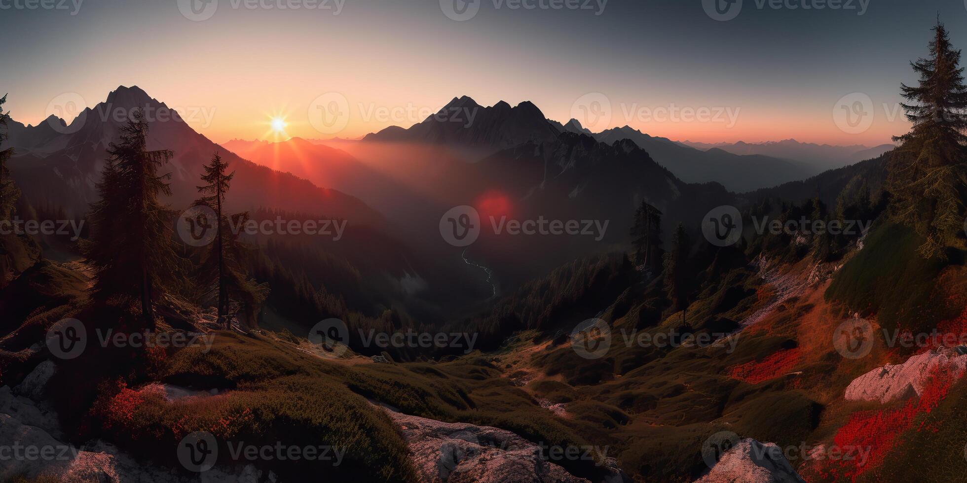 ai gerado. ai generativo. foto realista ilustração do Alpen panorama fundo montanhas caminhar pedras. aventura caminhada viagem explorar vibe. gráfico arte