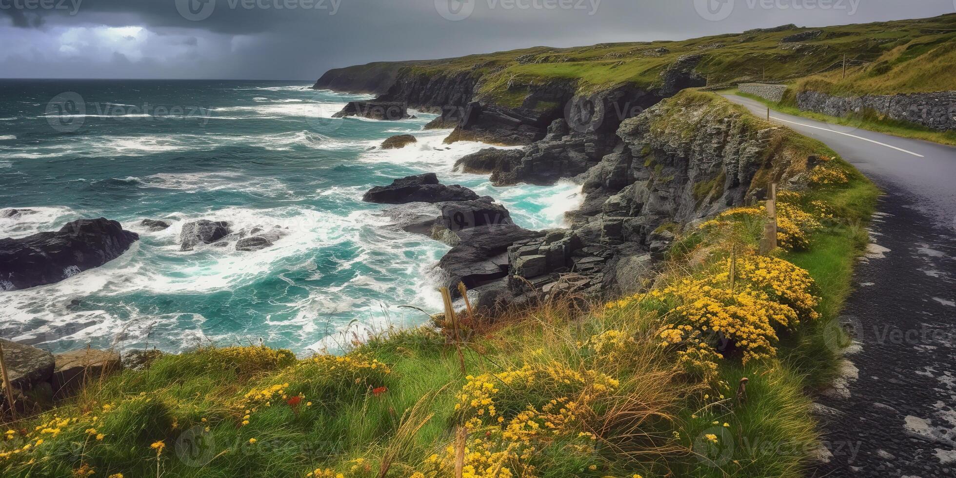 ai gerado. ai generativo. foto realista fotografia ilustração do litoral irlandês estrada viagem. montanhas explorar aventura viagem vibe. gráfico arte