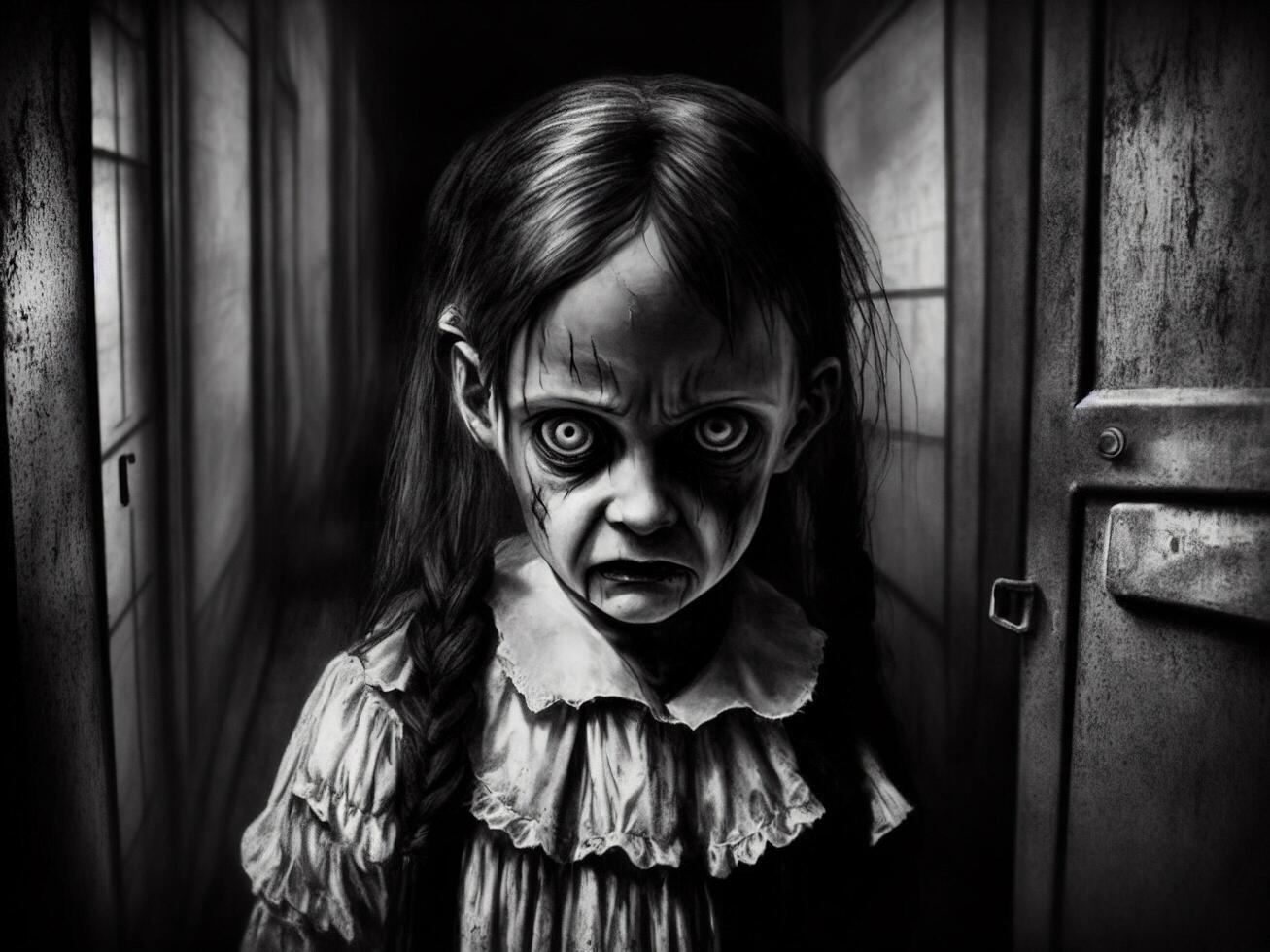 a assustador fantasma menina dentro a hospital corredor, ai gerado foto