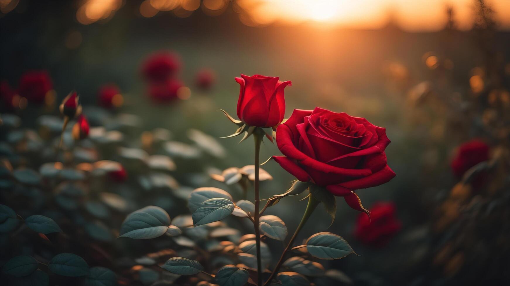 lindo vermelho rosa com uma bokeh fundo e lindo pôr do sol luz, ai gerado foto