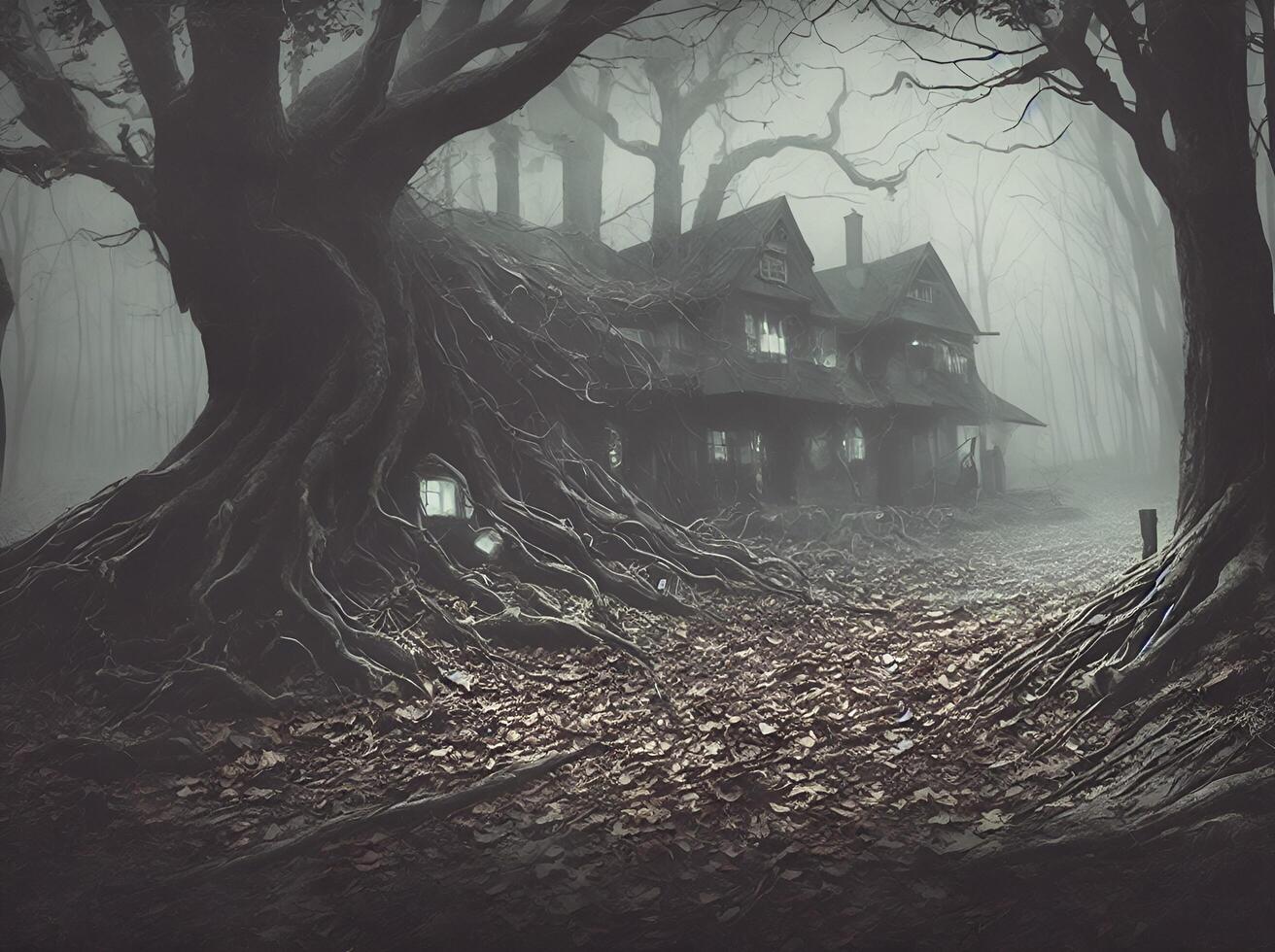 ilustração arrepiante Horror casa em a lado do a floresta área estrada, ai gerado foto