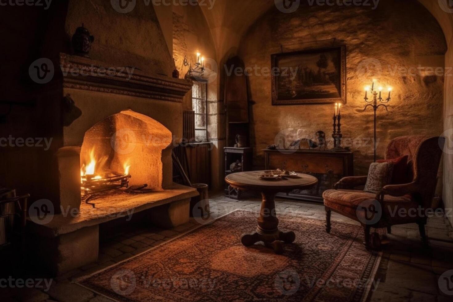 acolhedor lareira dentro uma quarto dentro uma medieval gótico castelo. ai gerado foto