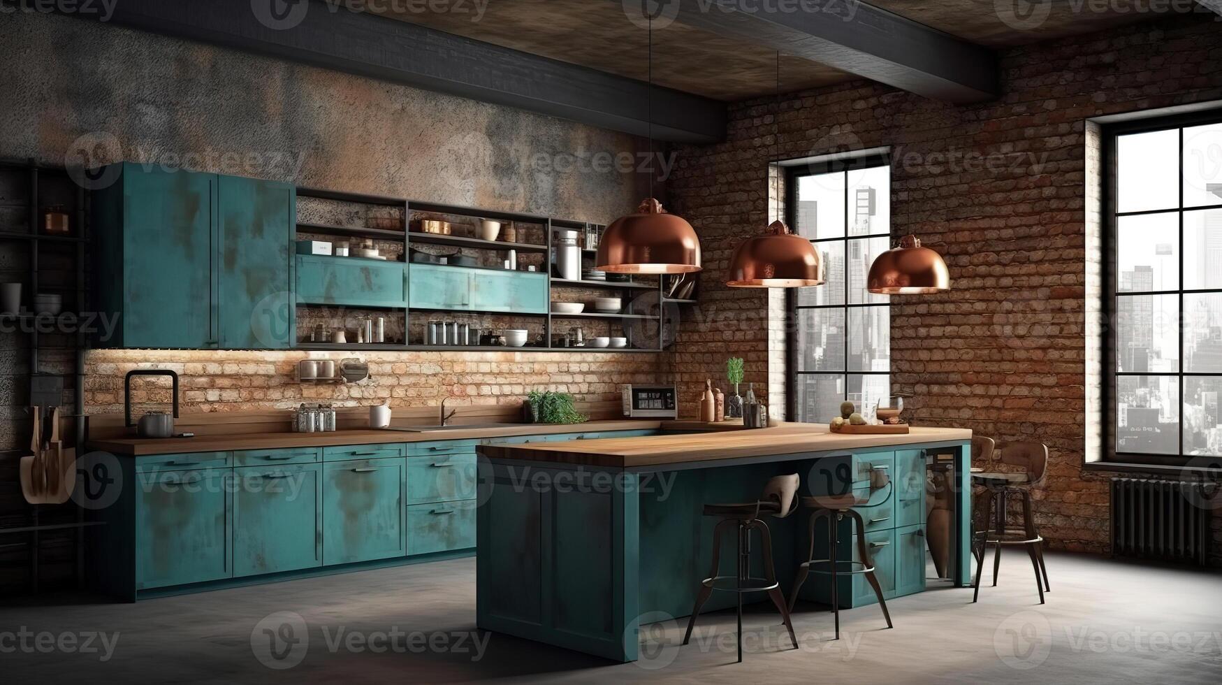 parede brincar dentro sótão, cozinha dentro industrial estilo. generativo ai foto