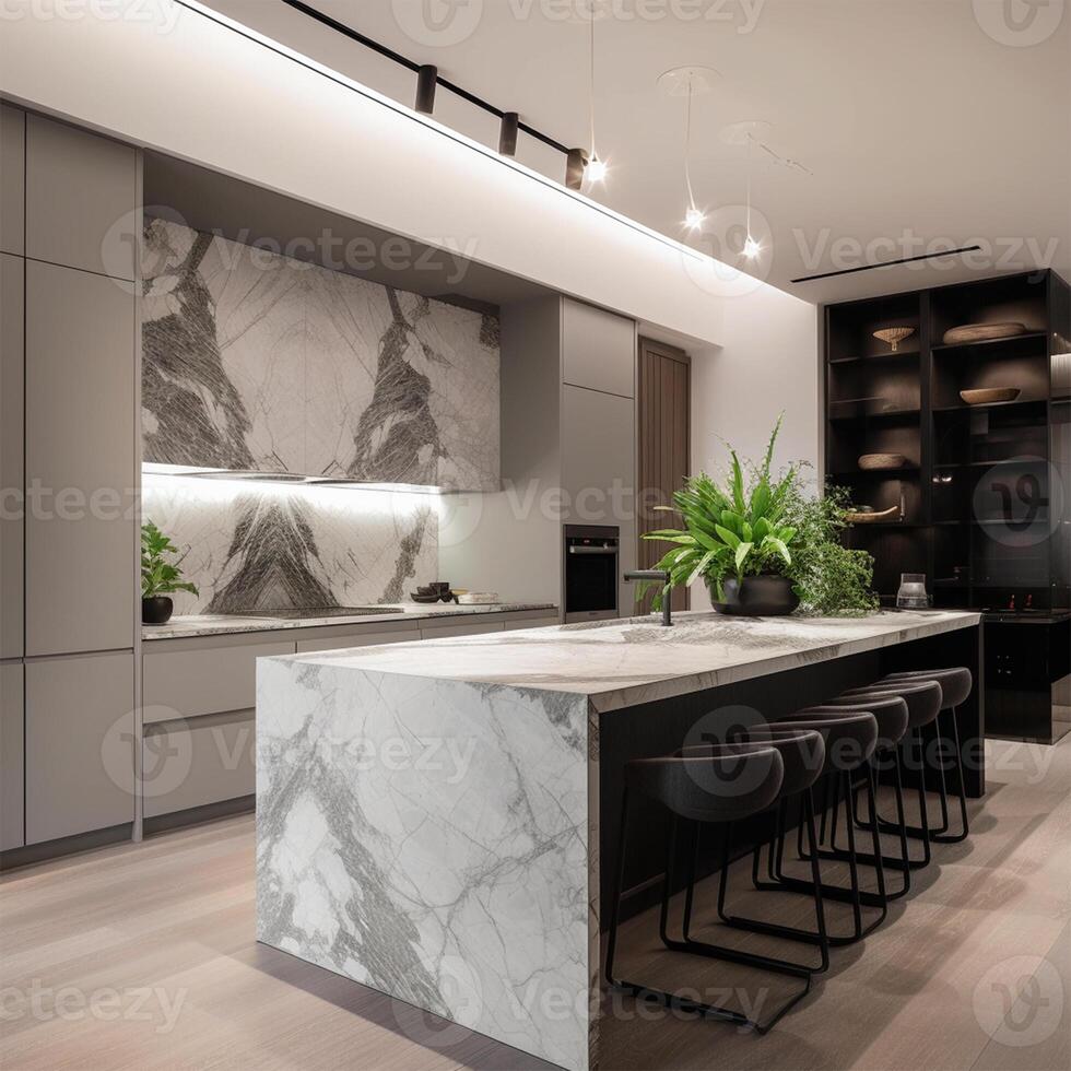 uma cozinha com uma mármore ilha com uma Preto e branco placa generativo ai gerado foto