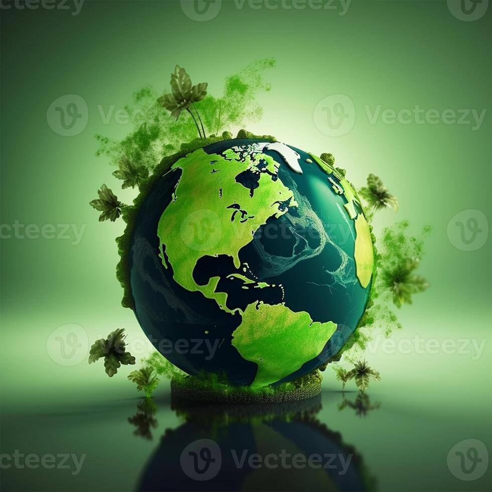 uma verde e azul planeta com árvores generativo ai gerado foto