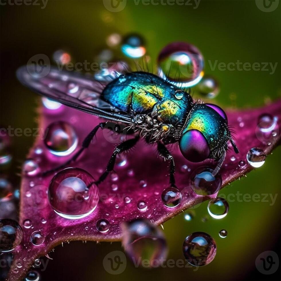 uma azul mosca senta em uma folha com água gotas generativo ai gerado foto