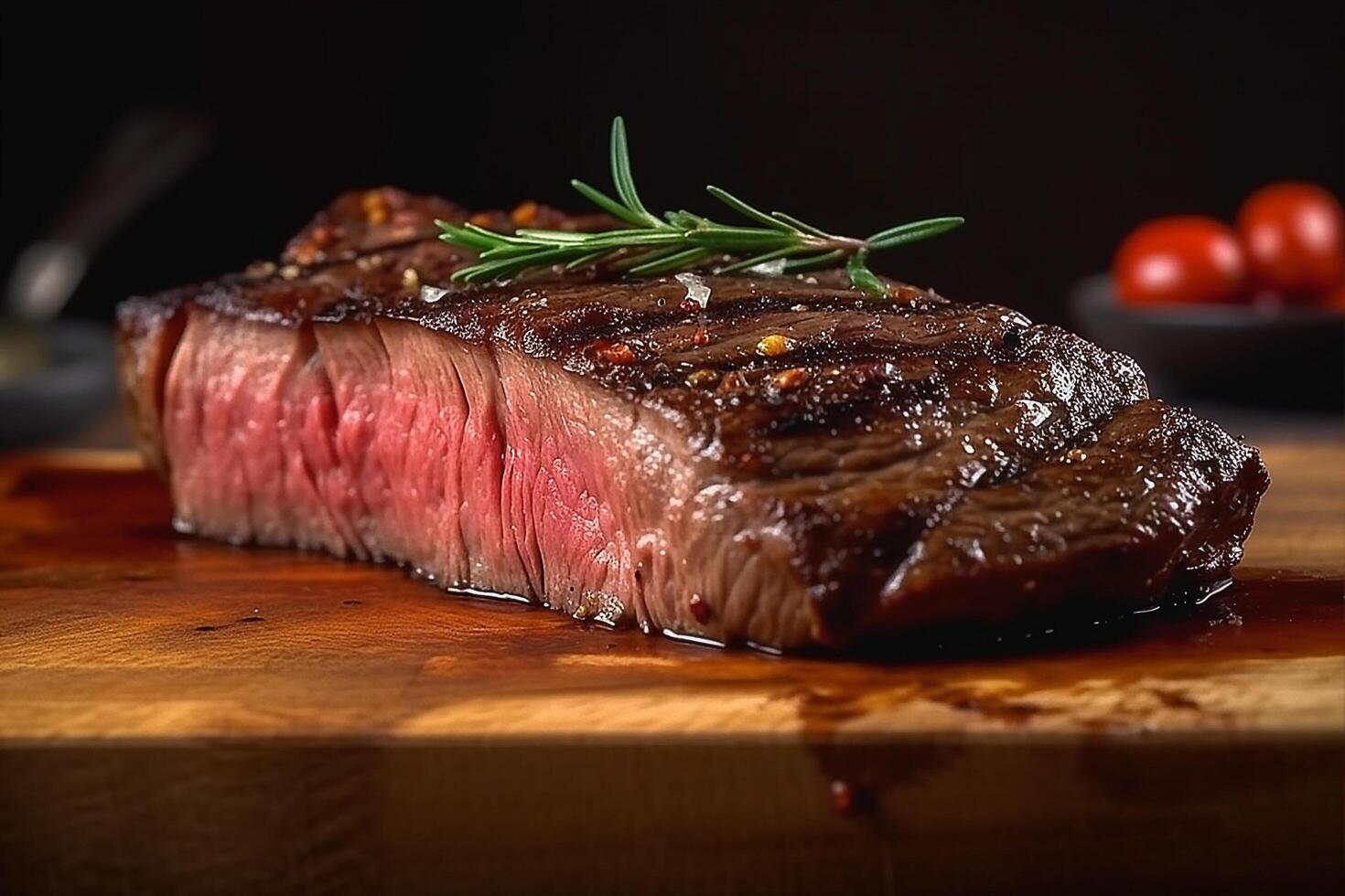 grelhado carne em uma de madeira mesa, ai generativo foto