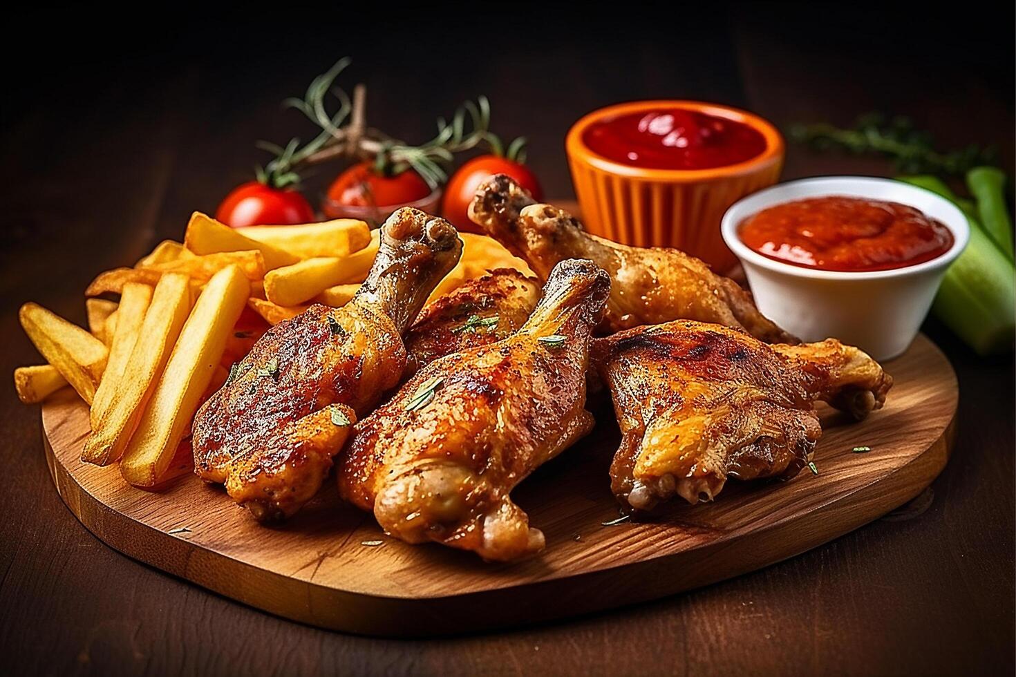 grande de madeira borda com grelhado frango asas com francês fritas, ai generativo foto