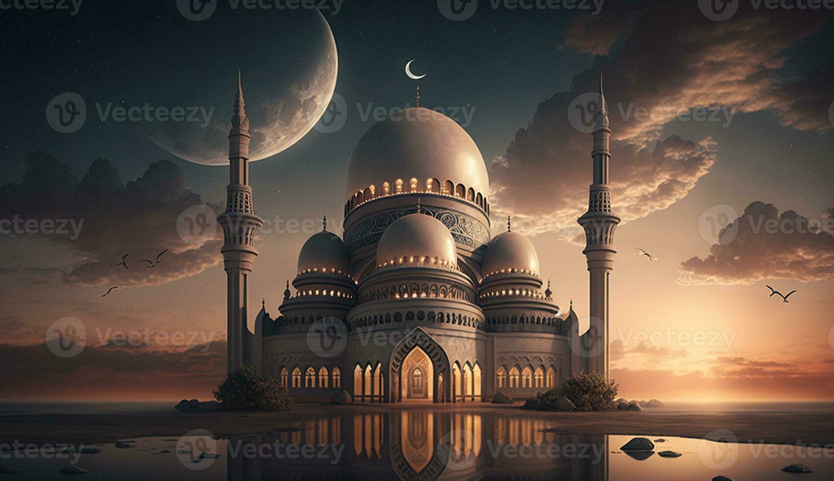 lindo mesquita panorama pôr do sol céu para islâmico fundo, poster, ilustração foto