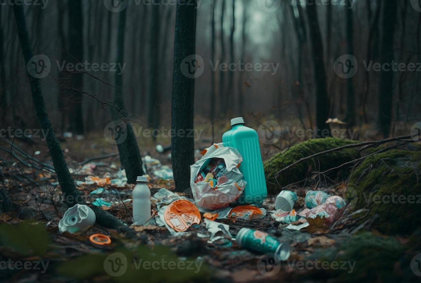 Lixo espalhado floresta.poluição conceito. generativo ai foto