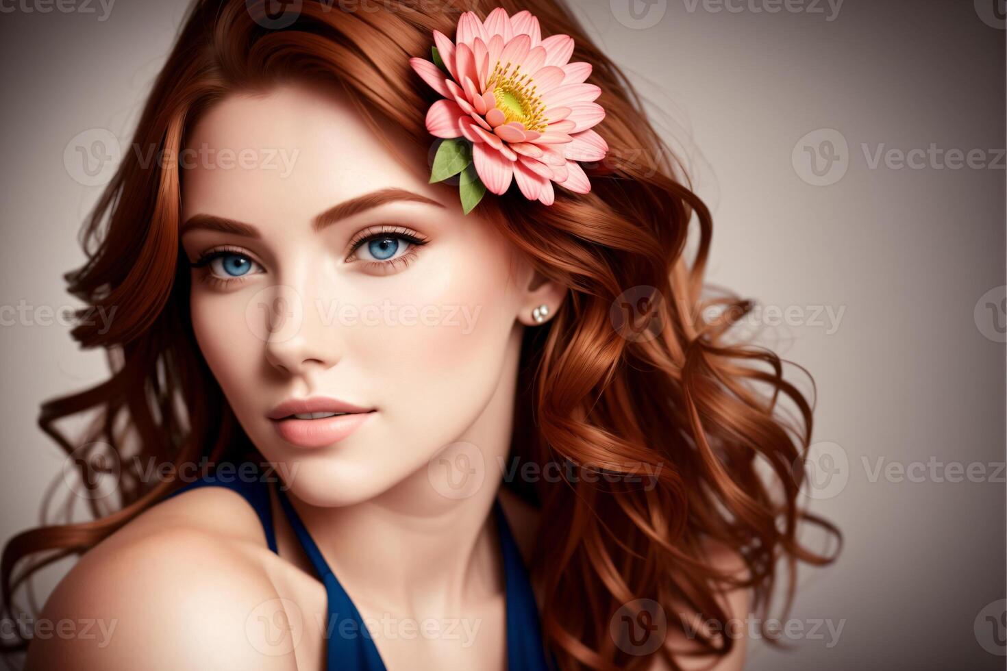 uma lindo mulher com uma flor dentro dela cabelo poses para uma cenário dentro uma azul vestir. generativo ai, generativo, ai foto