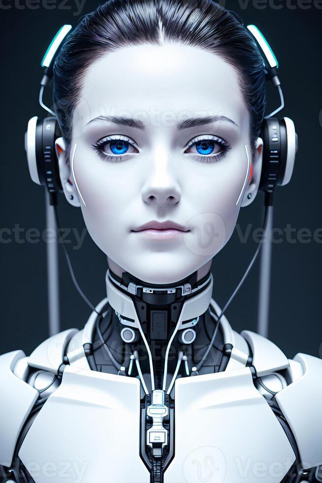 porcelana mulher ciberrrobô dentro uma futurista terno, com uma futurista interface dentro a fundo, cibernética, cyberpunk arte, automatistas. generativo ai foto