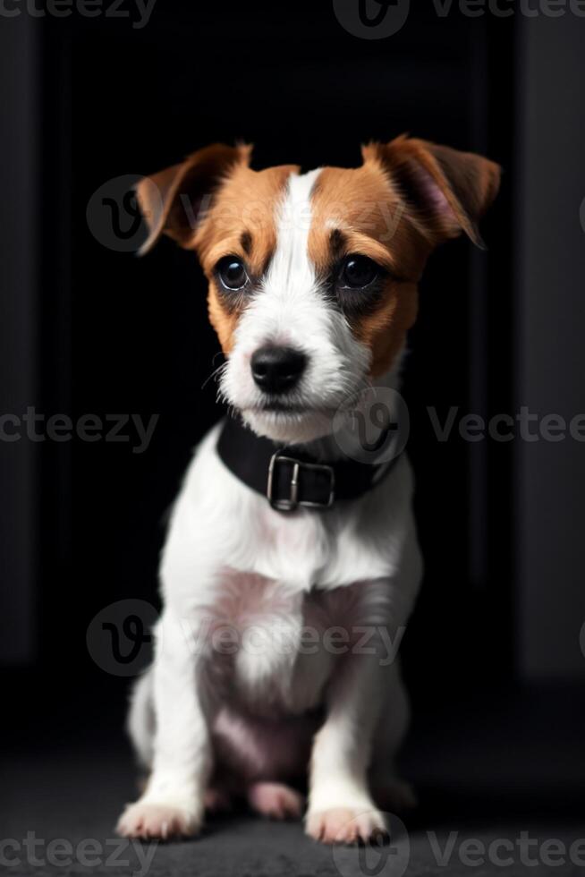 uma pequeno cachorro, jack russell terrier senta em uma Preto superfície com uma Preto fundo e uma Preto colarinho por aí dele pescoço, animal fotografia, retrato, estilo. generativo ai, generativo, ai foto