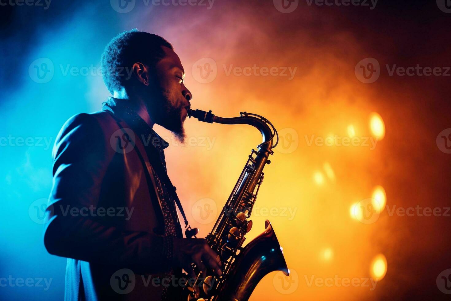 homem jogando saxofone em a etapa ai gerar foto