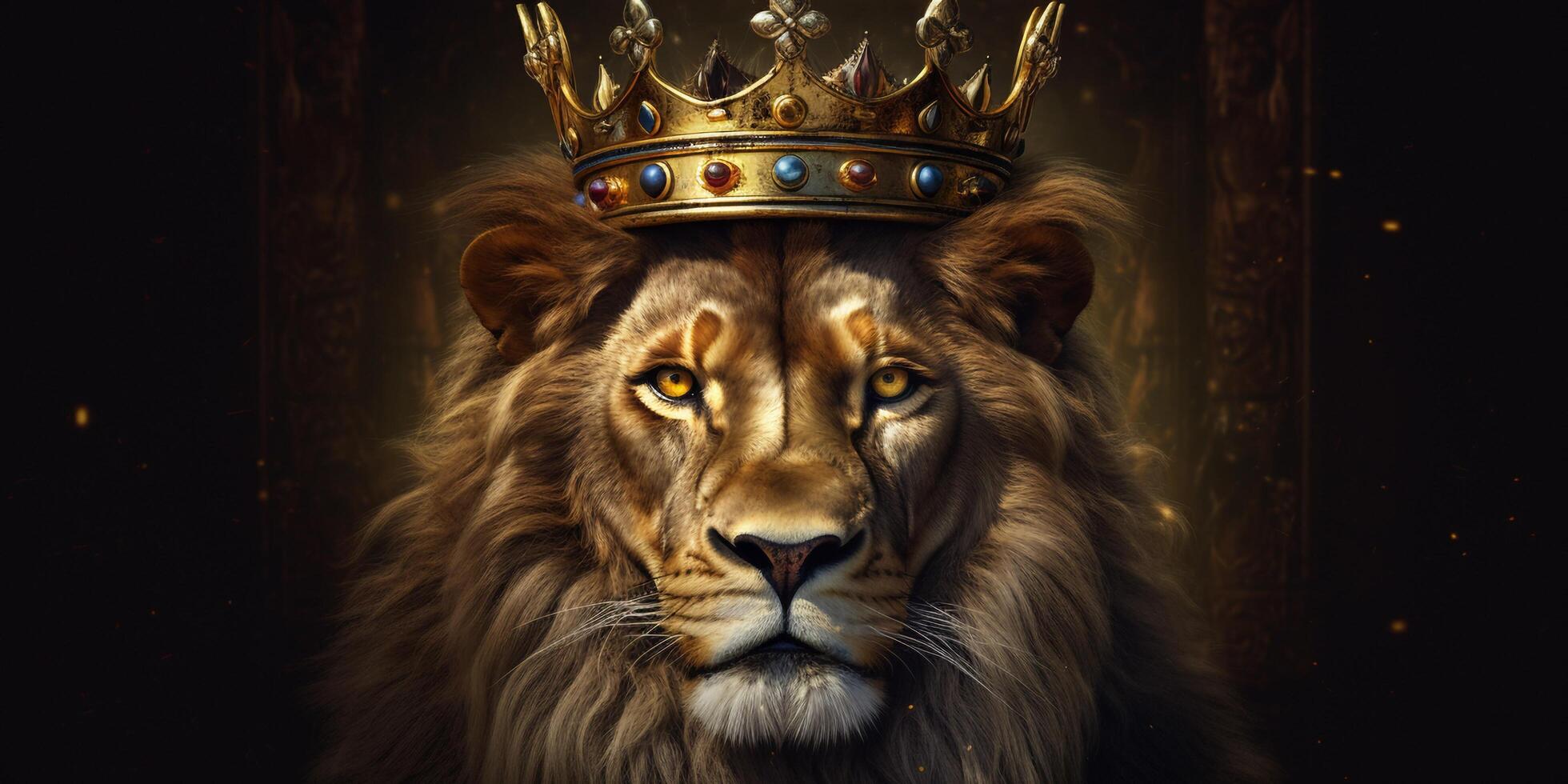 leão rei dentro uma dourado coroa em uma Sombrio fundo com ai gerado. foto