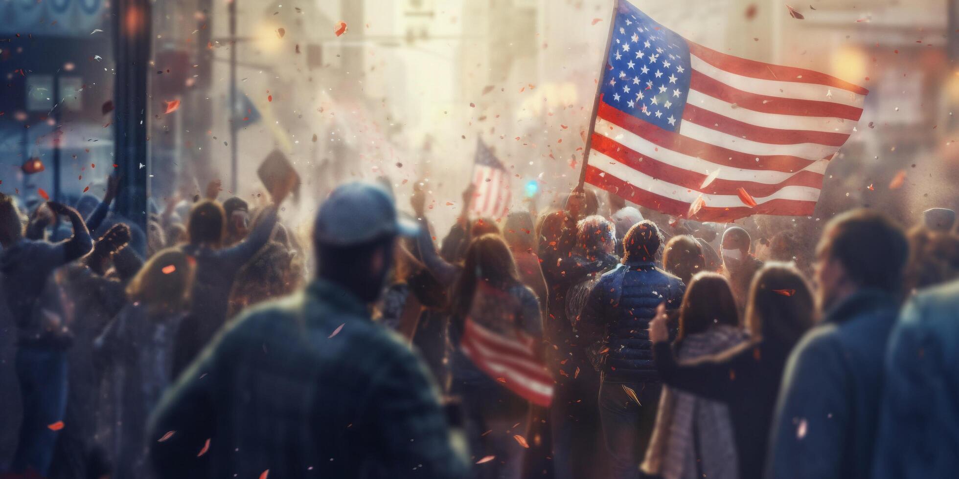 multidão do pessoas com americano bandeira dentro a rua com ai gerado. foto