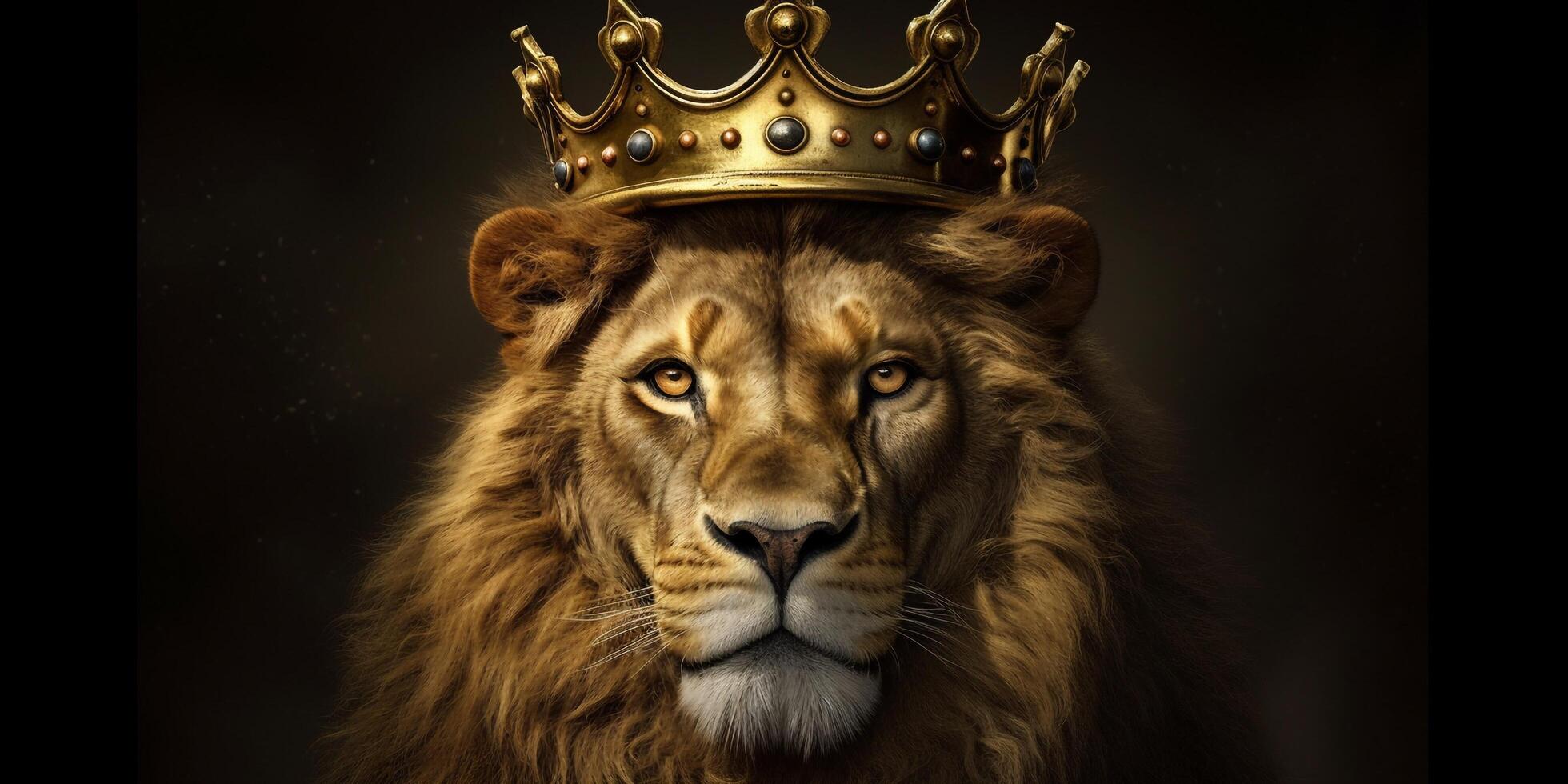 leão rei dentro uma dourado coroa em uma Sombrio fundo com ai gerado. foto