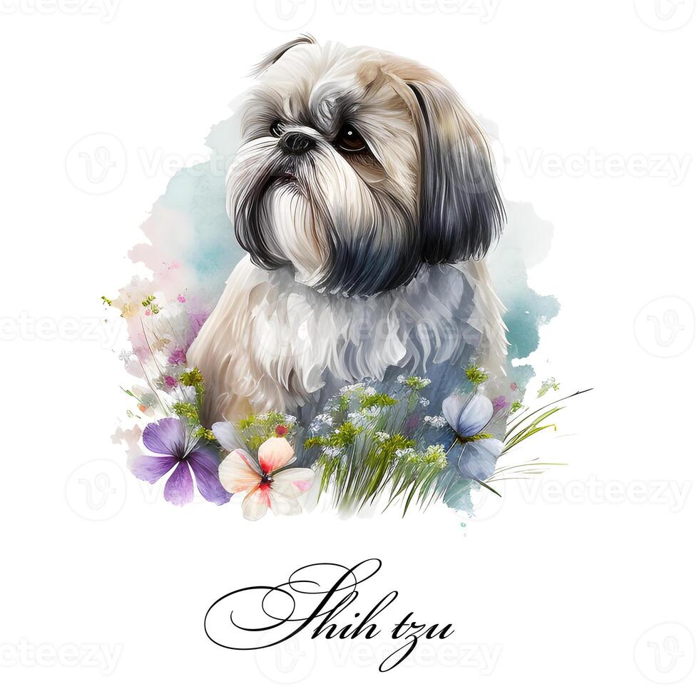 aguarela ai gerado ilustração do uma solteiro cachorro procriar shih tzu com flores guia cachorro, uma incapacidade assistência cachorro. aguarela animal coleção do cães. cachorro retrato. ilustração do animal. foto