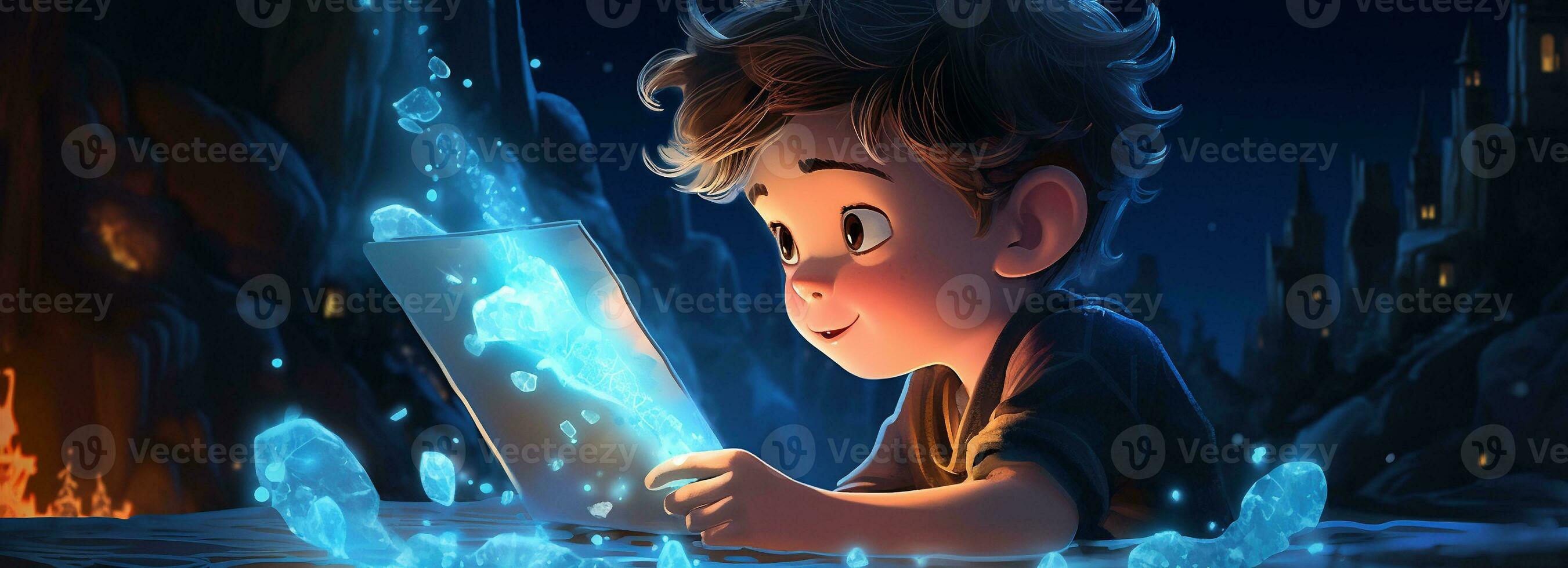 pequeno Garoto lendo uma Magia livro, fantasia conceito. desenho animado ilustração. fada conto com fantástico luz efeito. foto